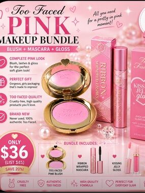 Too Faced Pink Makeup Bundle – Blush + Mascara + Kissing Jelly Gloss
